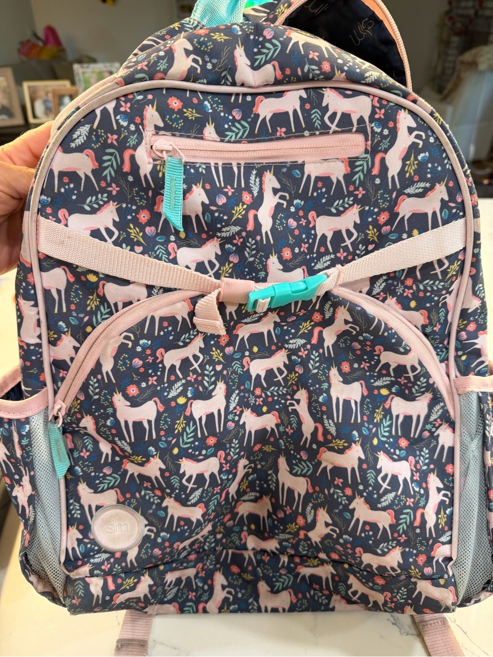 Kids Simple Modern Unicorn Print Backpack- Pink and Navy